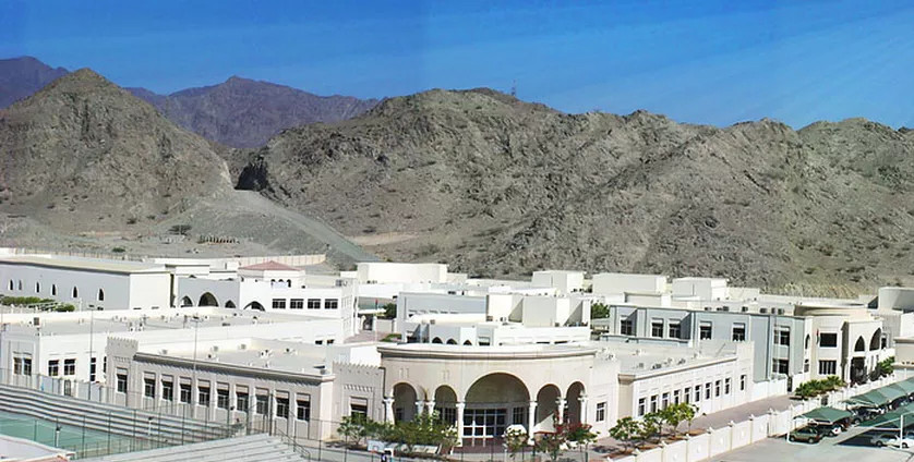 Panorama of Fujairah Private Academy, with the hajar mountains behind
